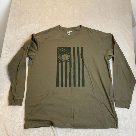 Duluth Mens Long Sleeve T-Shirt XL Olive Drab Green With Beaver Flag Design - Picture 9 of 10